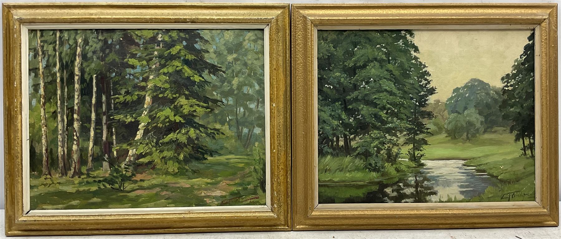 C Fleischmann? (German early 20th century): Forest Landscapes, pair oils on canvas laid on board indistinctly signed, one dated '28, 27cm x 35cm (2)