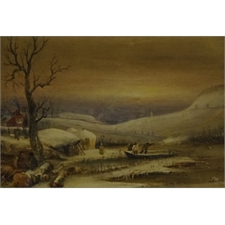  Henry Barlow Carter (British 1804-1868): Duck Shooting in the Snow at Dusk looking towards Scarborough Castle and Falsgrave Mill, watercolour signed and dated 1838,  30cm x 43cm  