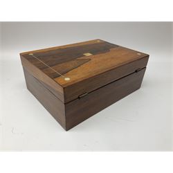 Table top stained wood three drawer chest, with brass loop drop handles, H31cm, and another oak box with mother of pearl inlay decoration, the hinged lid lifting to reveal a lift out tray above compartmented section (2)