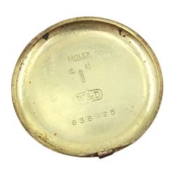 Rolex early 20th century gentleman's 9ct gold manual wind wristwatch, white enamel dial with Roman numerals and subsidiary seconds dial, case No. 638495, London import mark 1915, on gilt strap