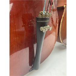 Two student half-size cellos - Boosey & Hawkes Artia with 65cm one-piece back and spruce top; bears maker's label; L104cm overall; and Romanian with 65.5cm two-piece maple back and ribs and spruce top; bears label; L108.5cm overall; each in soft carrying case with two bows (2)