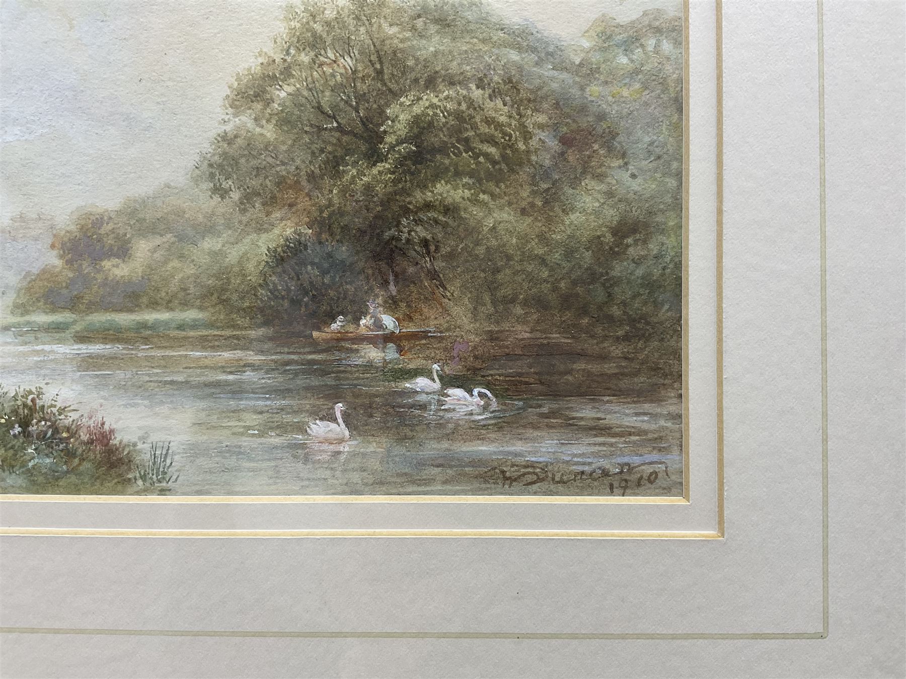 Walter Duncan (British 1848-1932): 'Clevedon Woods on the Thames' and 'The Rush Boat - Pangbourne on the Thames', pair watercolours signed and dated 1910, titled in a later hand verso 13cm x 18cm (2)