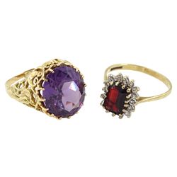 14ct gold purple stone set ring, stamped 585 and a 9ct gold garnet and cubic zirconia cluster ring, hallmarked