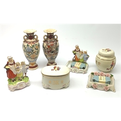 Five Yardley English Lavender Soap promotional ceramic items comprising three soap dishes, two mounted with a family of lavender collectors, ginger jar and cover and lidded oval box, all with unused original toiletries; and pair of Japanese Satsuma ware two-handled baluster vases (7)
