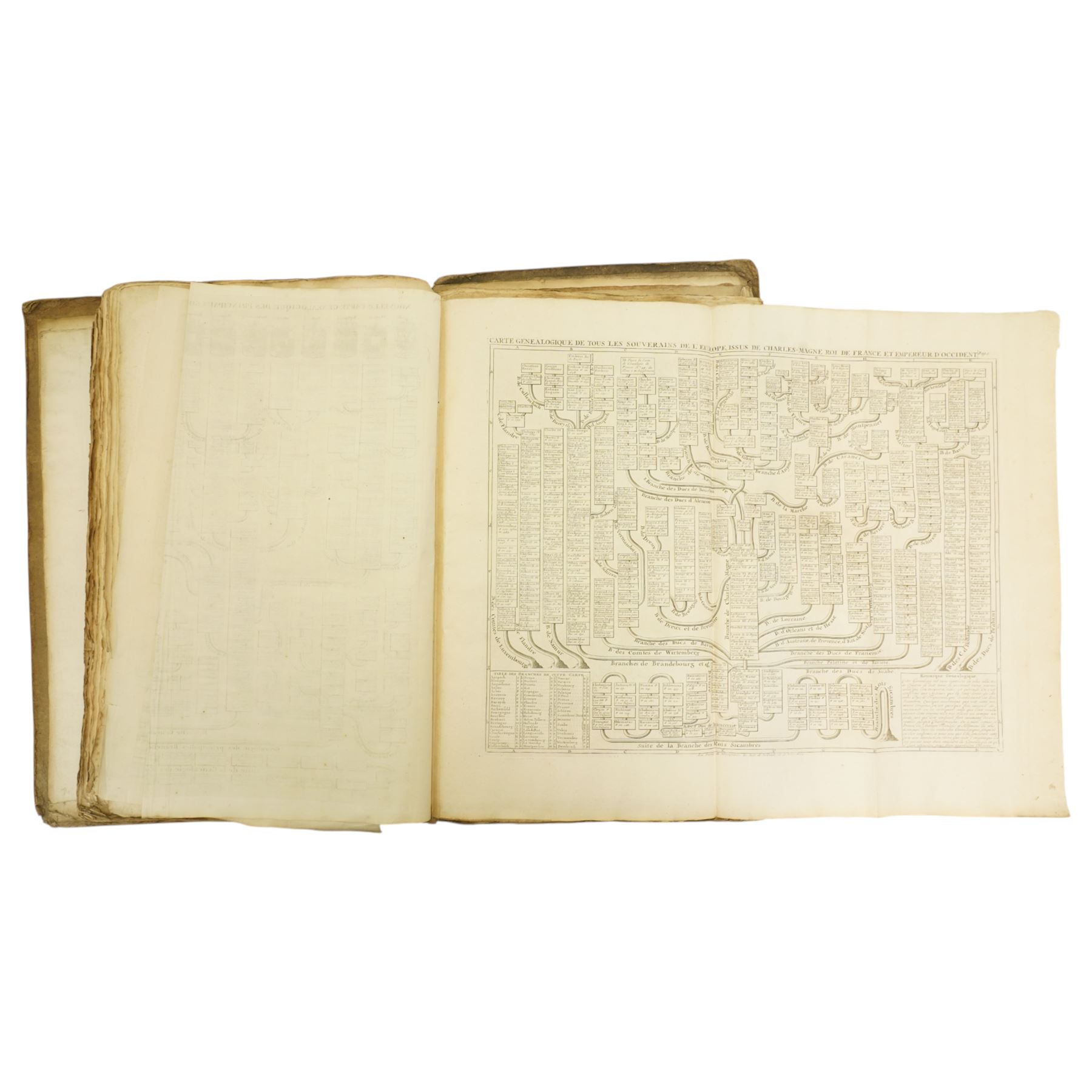 Limiers, Henri-Philippe de - 'Annales de la Monarchie Francoise', published Chez L'Honore & Chatelain Amsterdam  1724, three volumes in one with engraved frontispiece, sixty three full page plates and seven fold out genealogical tables, red and black title pages, full calf