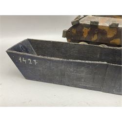 1940s French wooden eight wheel model FFI free tank, painted in brown camouflage, together with a 1940s wooden scratch built model of a landing craft, tank H18cm, W31cm