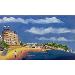 Jan Richardson (British Contemporary): 'The Grand with Donkeys - Scarborough', acrylic on board signed, labelled verso 43cm x 75cm