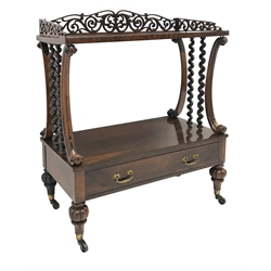 Victorian rosewood two tier etagere, scroll fretwork gallery back, carved elongated c scroll supports with scrolled terminals and barley twist supports, single drawer to base, turned and lobe carved feet with brass cups and castors, W77cm, H94cm, D36cm