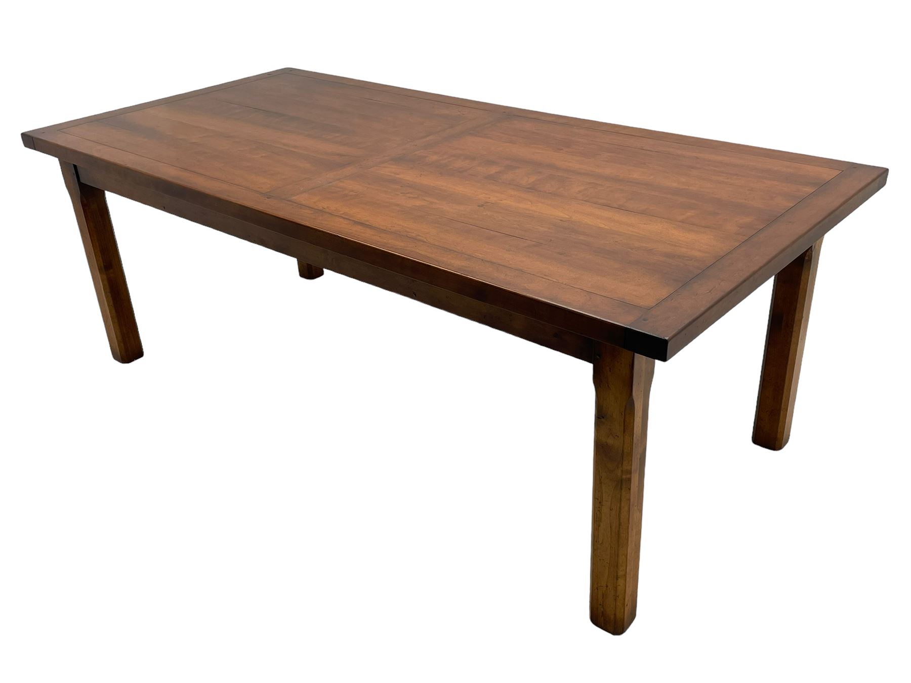 Contemporary French farmhouse design cherry wood dining table, rectangular bordered top on square chamfered supports 