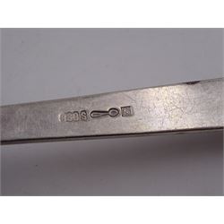 Collection of Norwegian silver flatware, including a set of six silver-gilt demitasse spoons, by David Andersen, stamped D-A 830s and a serving spoon, the pierced terminal with two doves, engraved with initial K and dated 10.09.32 verso, stamped 830s, etc