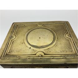 WMF brass and wood cigarette box, with planished decoration to the lid and side panels, bun feet and mark beneath, H8cm