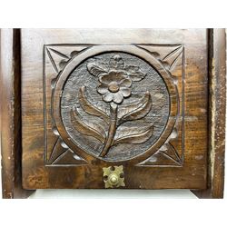 Coal box with carved flower hinged lid, brass carry handle and liner, H30cm W32cm