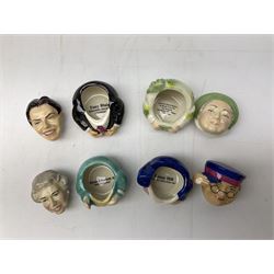 Twenty Face Pots by Kevin Frances, to include The Queen, The Queens mother, Sherlock Holmes, Tony Blair, Scrooge, Helen of Troy etc, some boxed 