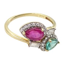 9ct gold apatite, ruby and white zircon crossover ring, hallmarked