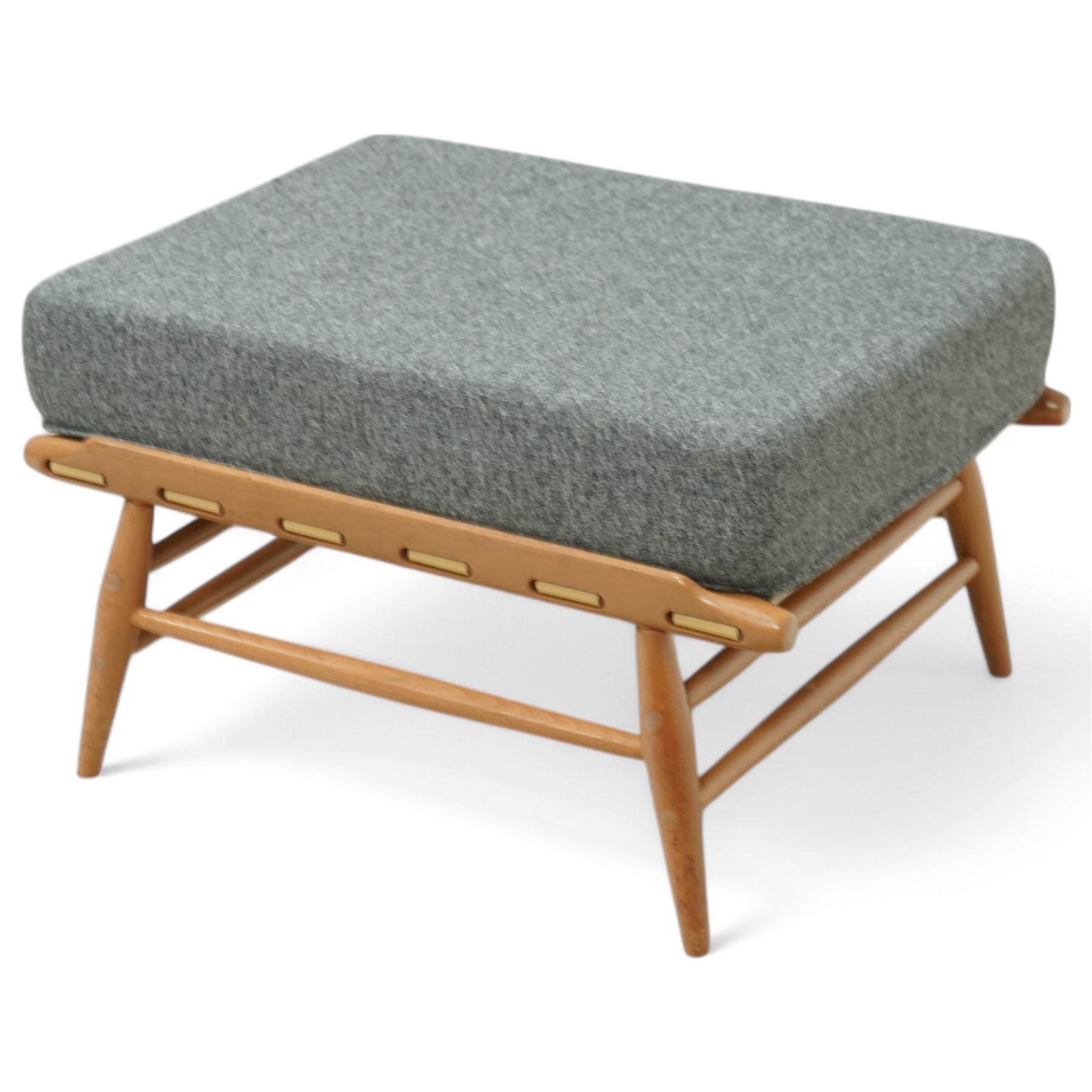 Lucian Ercolani for Ercol - footstool model number 443, upholstered in grey fabric, on elm and beech base 