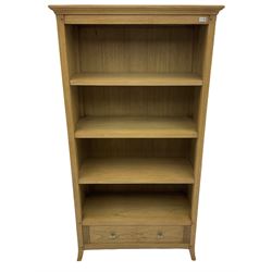 Windsor by Mark Devany oak open bookcase with drawer, single fixed and two adjustable shelves