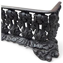Three cast iron fireplace fittings, comprising a Regency-style fire grate with sunburst crest, urn finials, bowed basket and scroll supports (W58cm H63cm); Victorian fender with pierced acanthus frieze and foliate base (W64cm H20cm); Gothic Revival fireplace with fleur-de-lis crest, arched surround and integral fire basket (W41cm H87cm)