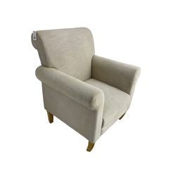Dunelm - traditional armchair with scrolled back and arms, upholstered in textured ivory fabric