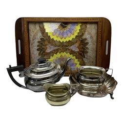 Silver plates tea set comprising of teapot, jug and twin handled sugar bowl, along with metal dish and butterfly wing tray, with inlaid frame. 