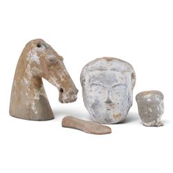 Group of early Chinese pottery items, probably Han Dynasty,, two dignitary heads and horse...