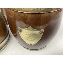 Five early 20th century biscuit barrels with silver-plated mounts, one made from Mahogany from HMS Hindustan