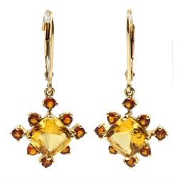 Pair of gold orange and yellow citrine cluster pendant earrings, stamped 9K