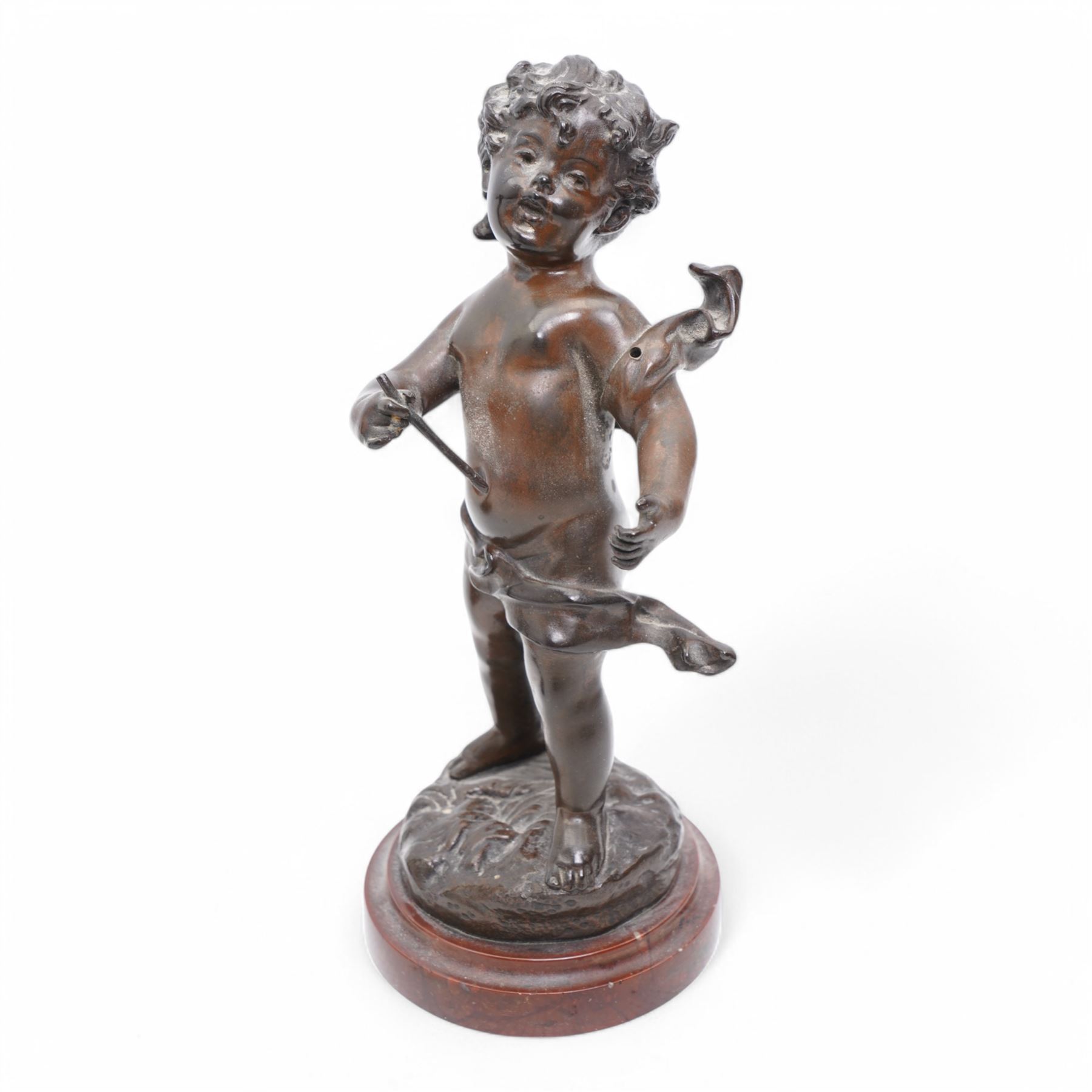 After Rousseau - Pair of bronze figures of cherubs, one holding a toy elephant, the other originally with an artists board on marble bases H23cm