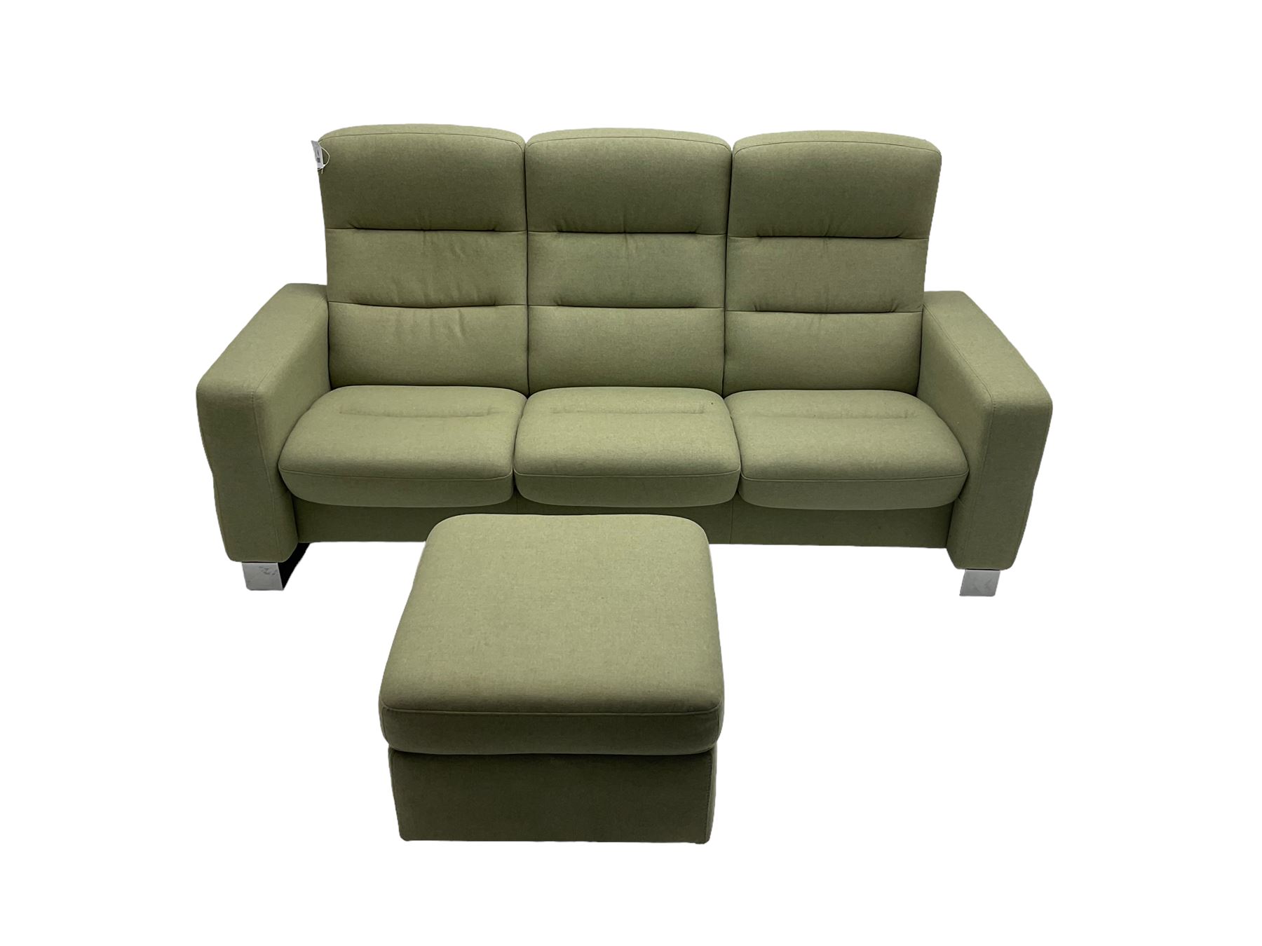 Ekornes Stressless - three seat reclining sofa upholstered in pale green fabric (198cm x 82cm x 100cm), Ekornes Stressless - matching two seat reclining sofa (144cm x 82cm x 100cm), Ekornes Stressless - storage ottoman with hinged seat upholstered in pale green fabric (60cm x 60cm x 42cm)