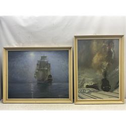 H Hardwick (British 20th Century): Steam Train and Ship, two oils on board signed and dated '77, max 59cm x 75cm (2)