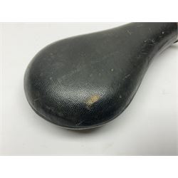 19th century James Dixon & Sons leather covered powder flask with patent action adjustable shot measure to dispense 2 1/4 - 3 drams; marked Parker Hale Ltd. Birmingham England L20cm