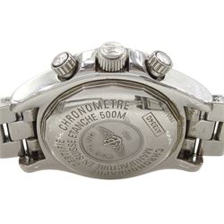 Breitling Superocean gentleman's stainless steel automatic chronograph wristwatch, Ref. A13340, blue dial with triple register recording hours, minutes and continuous seconds and date aperture, boxed with papers and additional links