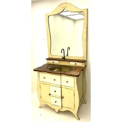 Distressed cream painted vanity unit, fitted with three drawers and two cupboards, hardwood top with sink recess, high mirror back