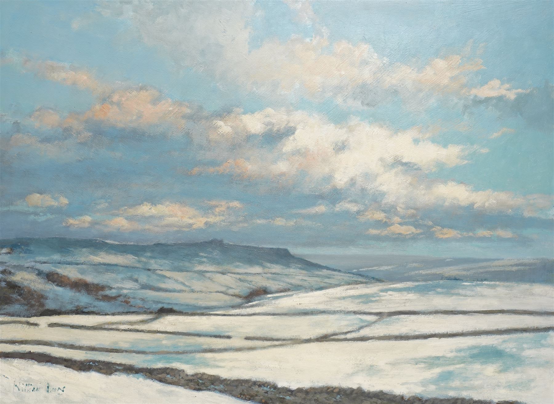 William Burns (Northern British 1923-2010): 'Derbyshire Winter - Higger Tor', oil on board signed, inscribed verso 45cm x 61cm (unframed)
