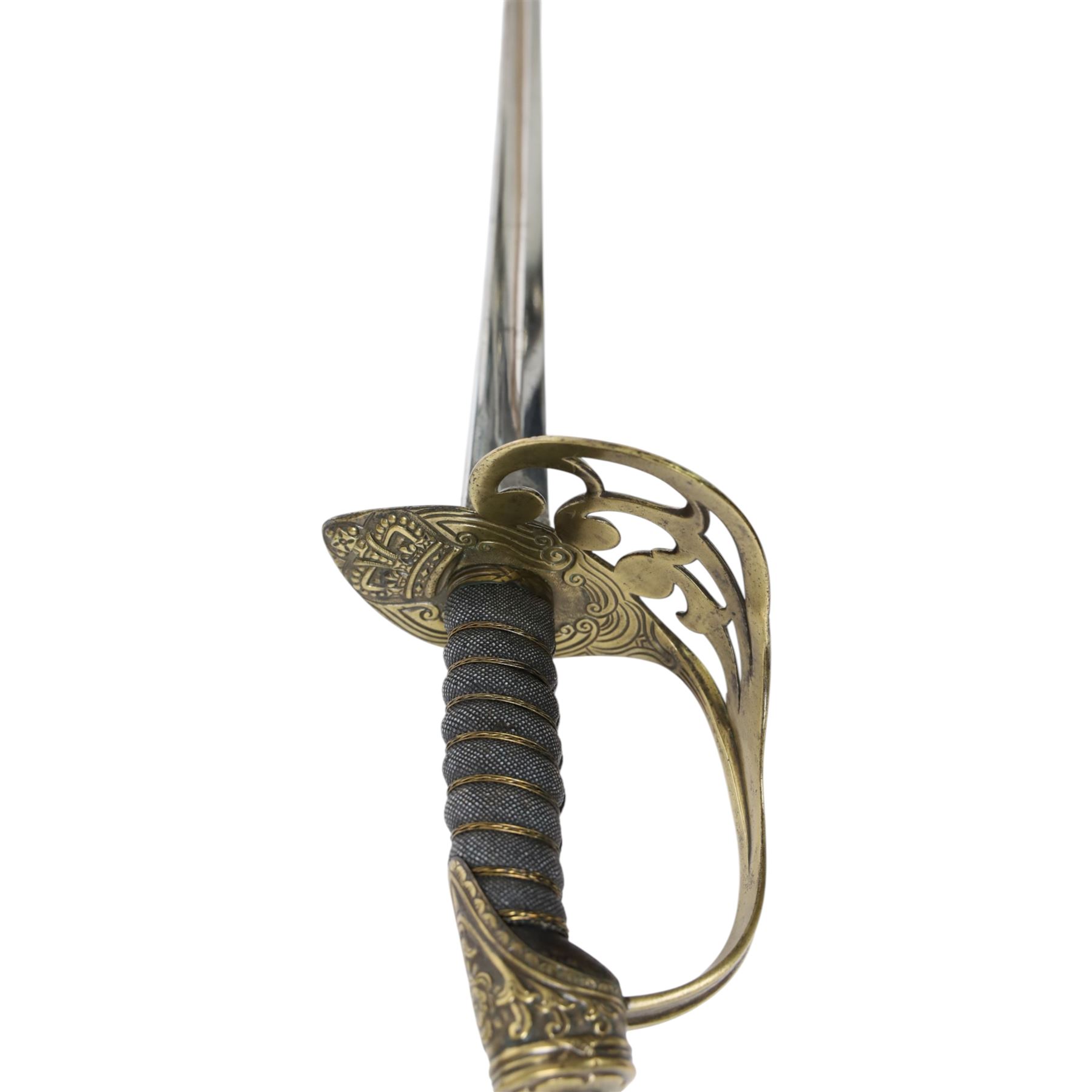 British 1832 pattern, Royal Horse Guard state sword, by Henry Wilkinson Pall Mall London, circa 1862, the 92cm straight fullered single edged blade retaining virtually all original polish, makers name to the ricasso and marked 11767 to the top, the brass basket 'honeysuckle' guard bears the Victoria crown to both the inside and outside faces, shagreen bound grip with triple silver wire, with steel scabbard with mounts and twin suspension rings, overall 110cm