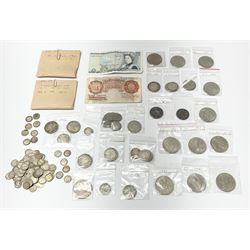 Mostly Great British coins and banknotes including Queen Victoria Gothic florins, 1881, 1893, 1889 and 1900 half crown coins, King Edward VII 'Standing Britannia' florins, various other pre 1947 and pre 1920 silver coins including threepence pieces, commemorative crowns etc, Bank of England Obrien ten shillings note 'E44Y' and Page five pounds 'AX59'