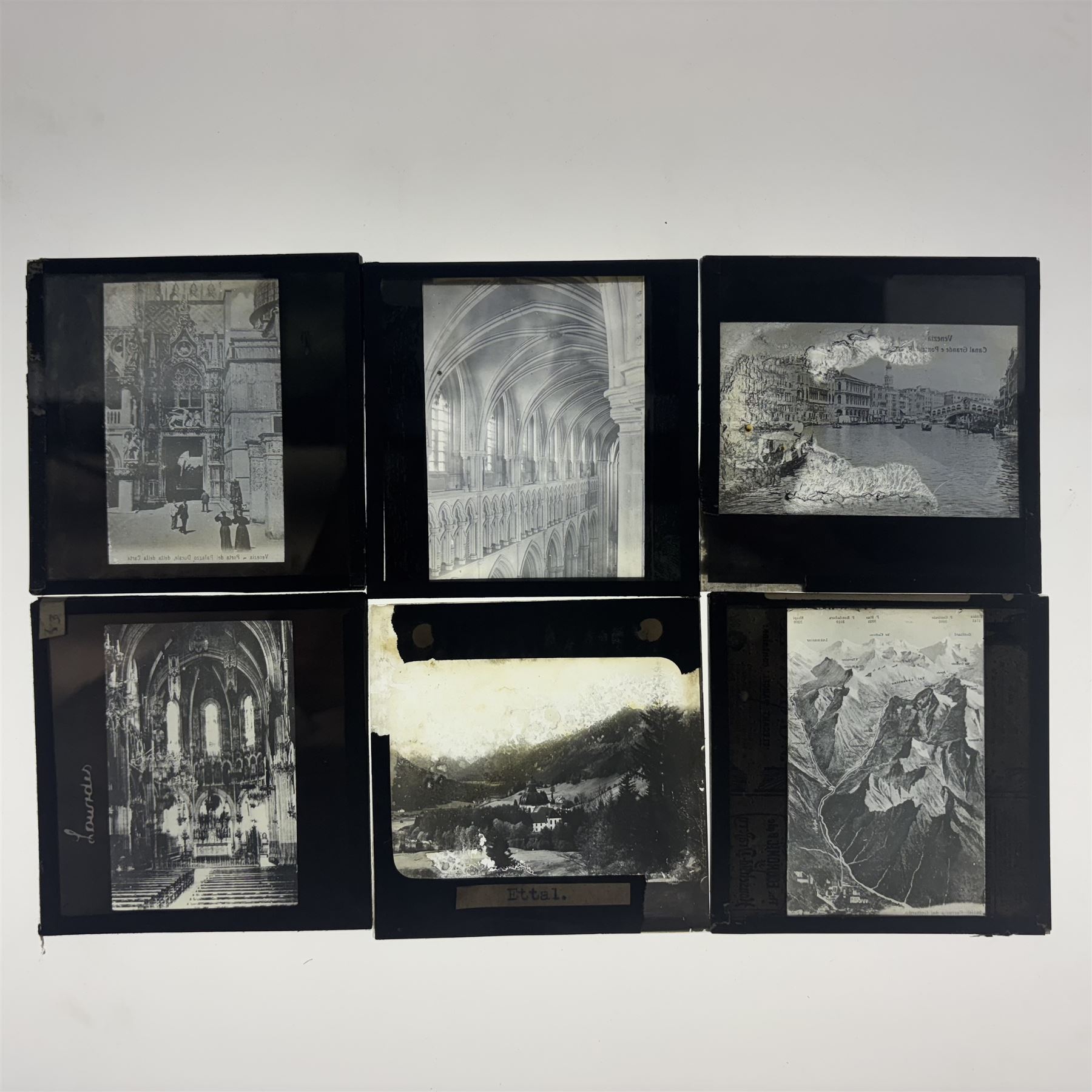 Collection of over 400 magic lantern slides, on various subjects including UK and World travel, orchids, mathematics, geometry, circuitry, religion and prayer