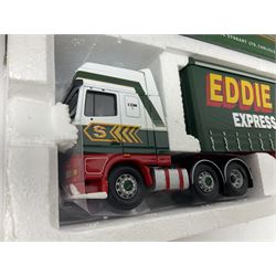 Corgi Eddie Stobart - three lorries; limited edition CC12802 Scania T-Cab Bulk Tipper; limited edition CC13201 DAF XF Super Space Cab Curtainside; and CC13401 MAN TGA Curtainside; all boxed (3)