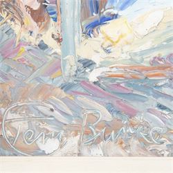 Terry Burke (British Contemporary): Boats in the Harbour, oil impasto on board signed 38cm x 19cm
