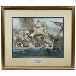 John Cooper (British 1942-): 'HMS Victory at the Battle of Trafalgar 21st October 1805',  watercolour signed, titled on the mount 27cm x 35cm
