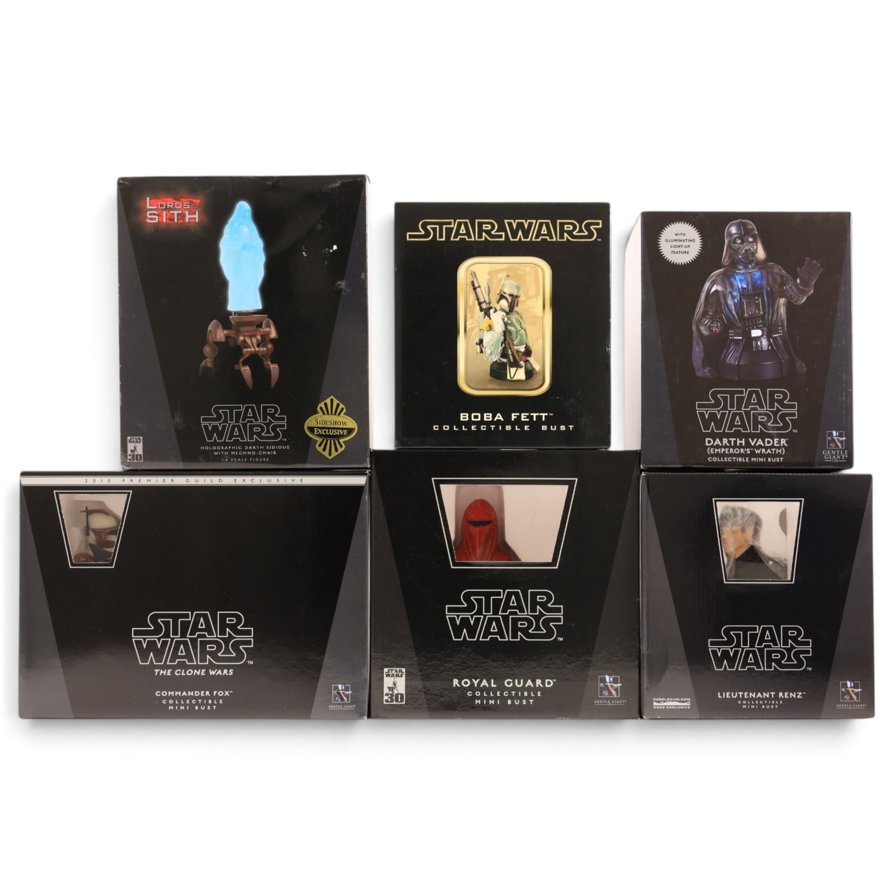 Five Gentle Giant Star Wars Collectible Mini Busts, comprising Darth Vader Emperor's Wrath, Royal Guard, Commander Fox, Boba Fett and Lieutenant Renz, together with a Sideshow Collectibles Holographic Darth Sidious with Mechno Chair 1:6 scale figure, all boxed