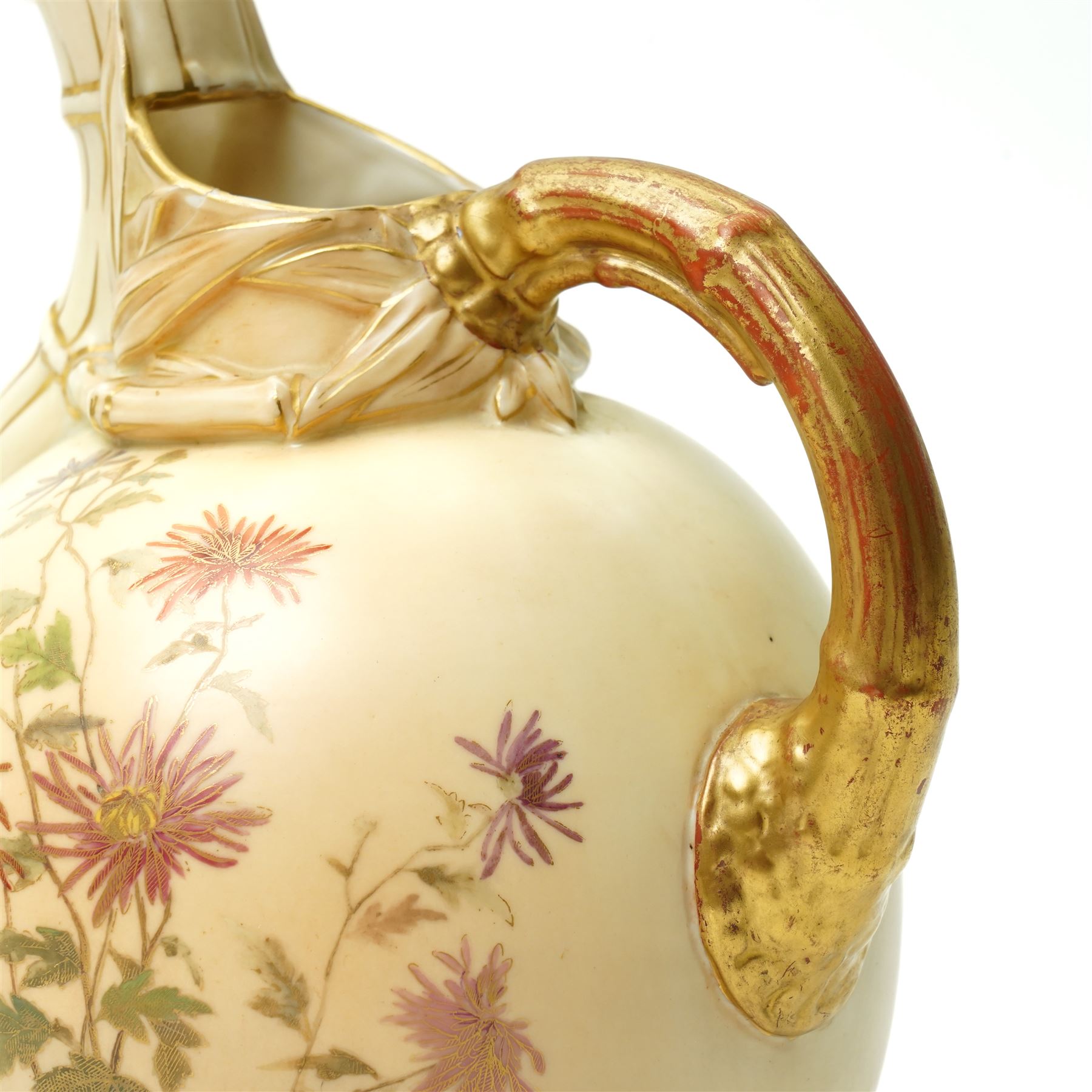 Victorian Royal Worcester ornamental ewer with gilded handle painted with floral sprays on a blush ivory ground H22cm