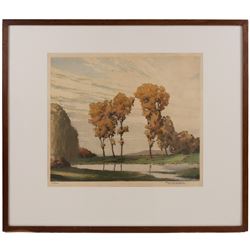 Winston Megoran (British 1913-1971): 'Autumn', coloured etching signed and titled on pencil, 29cm x 34cm; Joseph Frank Pimm (British 1900-1979): 'Derwent Water', coloured etching signed and titled in pencil 25cm x 35cm (2)