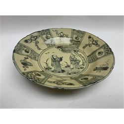 Chinese Ge-type crackle glazed vase and matching dish, together with Ming style plate with figures to the centre, vase H17cm