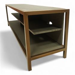 Contemporary low television stand, brass-effect metal frame enclosing six open oak veneered compartments, raised on square tubular supports
