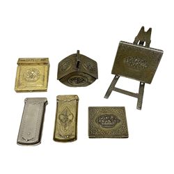 Collection of Victorian W Avery & Son brass and metal needle cases, comprising two quadruple casket cases, basket case, easel and basket of flowers case, and two other cases, with floral decoration 