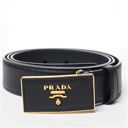 Prada - black Saffiano leather belt with gold-tone hardware logo buckle, size 36/90, with ...