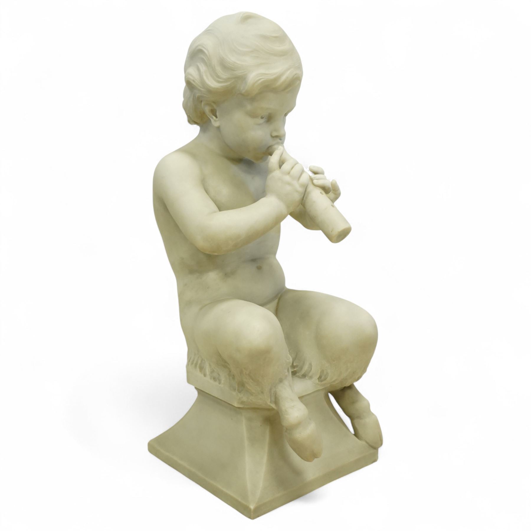 Follower of Claude Michel Clodion (French 1738-1814): The Putti-Faun Orchestra - set of four Italian carved white marble figures of child satyrs as musicians, each finely carved figure depicting a seated putto-faun with youthful features and small goat’s legs and cloven feet, variously playing rustic instruments: a syrinx (Panpipes), a flute, a tambourine and clappers - each raised on an integral waisted square plinth, Italian, circa 1900

Provenance: Kirkham Hall

Notes: Inspired by the rustic god Pan and his followers, these putti-fauns reflect the late-19th-century revival of classical themes popular with Grand Tour collectors; their instruments evoke the god Pan’s pastoral music, while the carving and  composition exemplify the appeal of bacchic subjects in the Italian neoclassical tradition