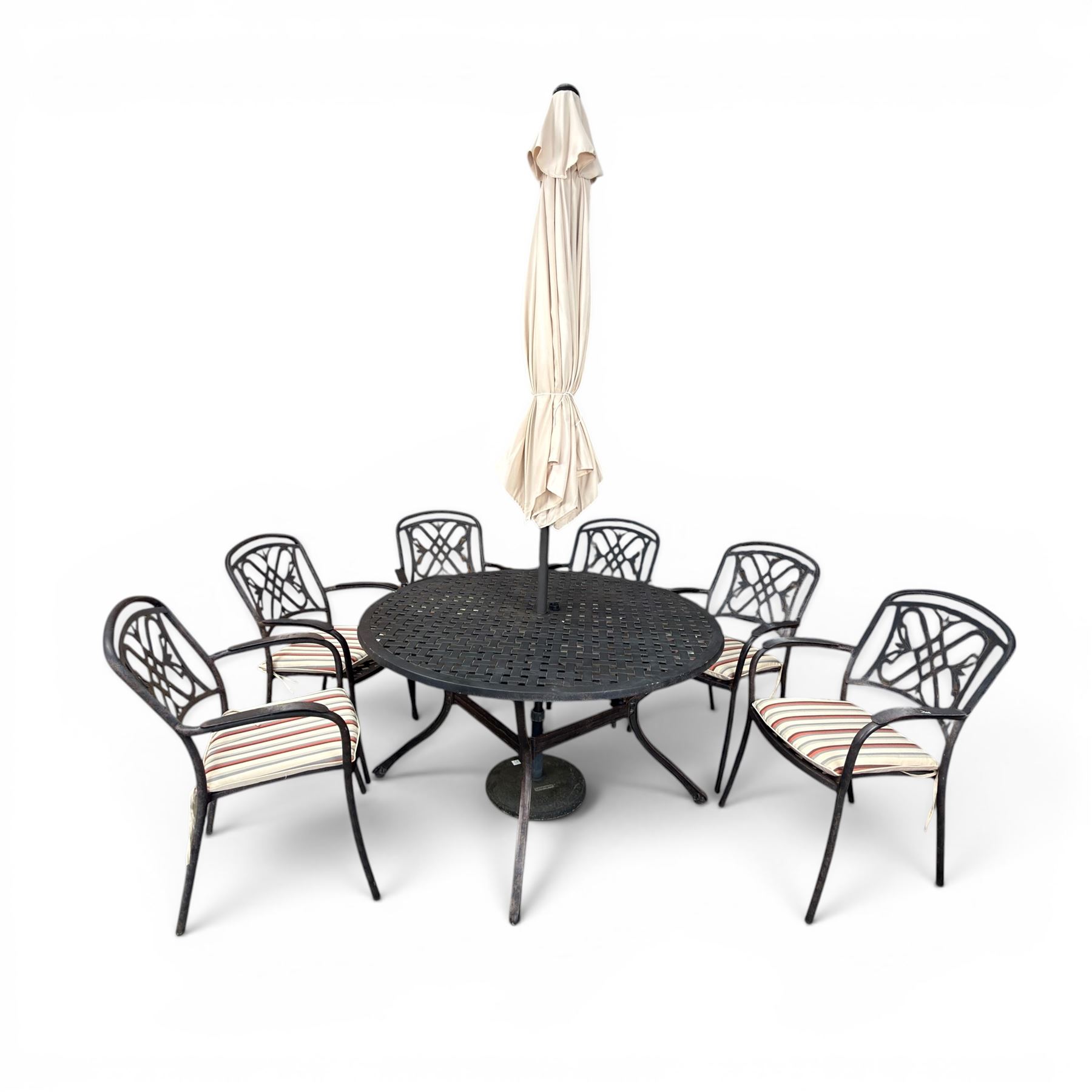LeisureGrow - cast aluminium circular garden table, lattice design top, black finish; and six matching chairs with openwork back, complete with seat cushions and adjustable parasol