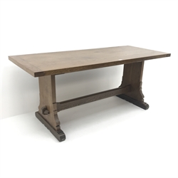 20th century oak refectory table, shaped solid end supports joined by single undertier, sledge feet, W183cm, H77cm, D76cm