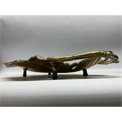 Late 19th/early 20th century twin handled brass centrepiece dish in the form of oak leaves, raised upon four legs, L37cm